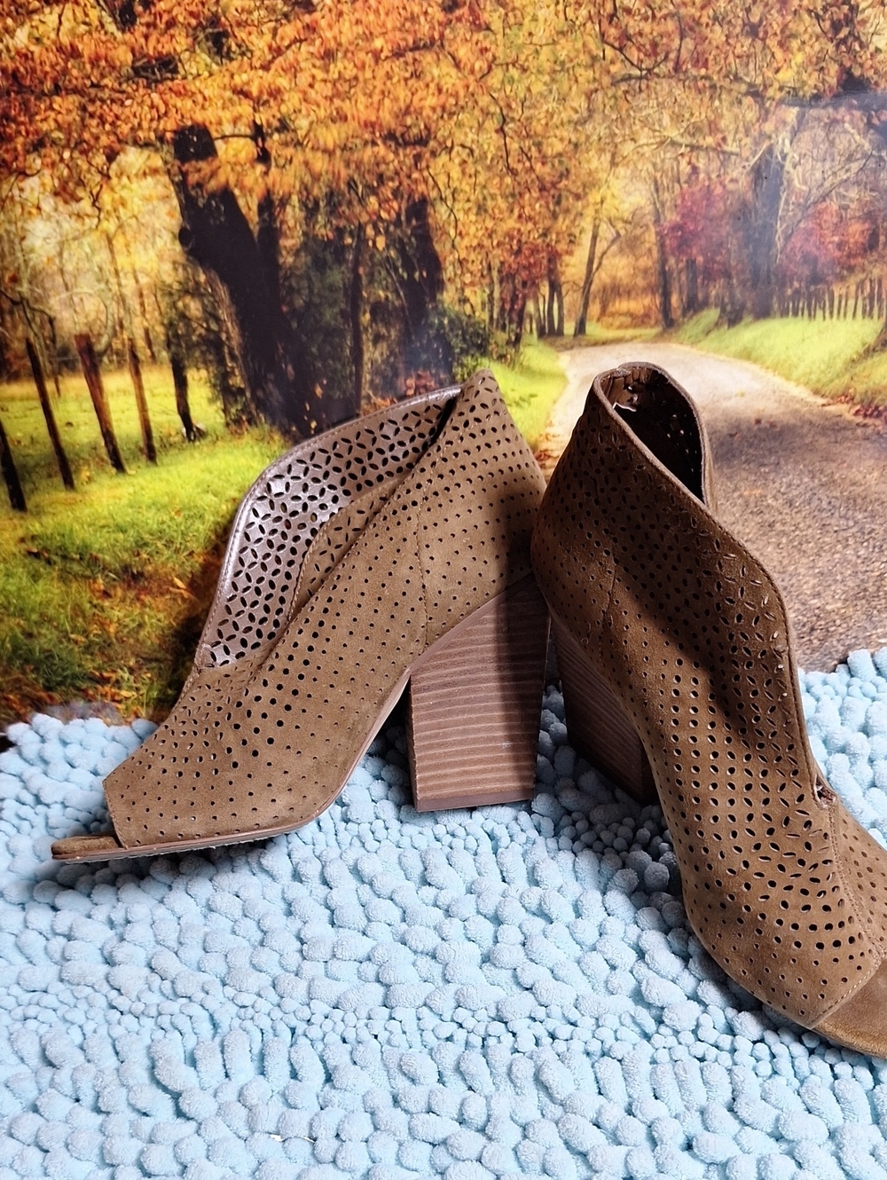 Vince Camuto Tan Perforated Peep-Toe Block Heel Booties